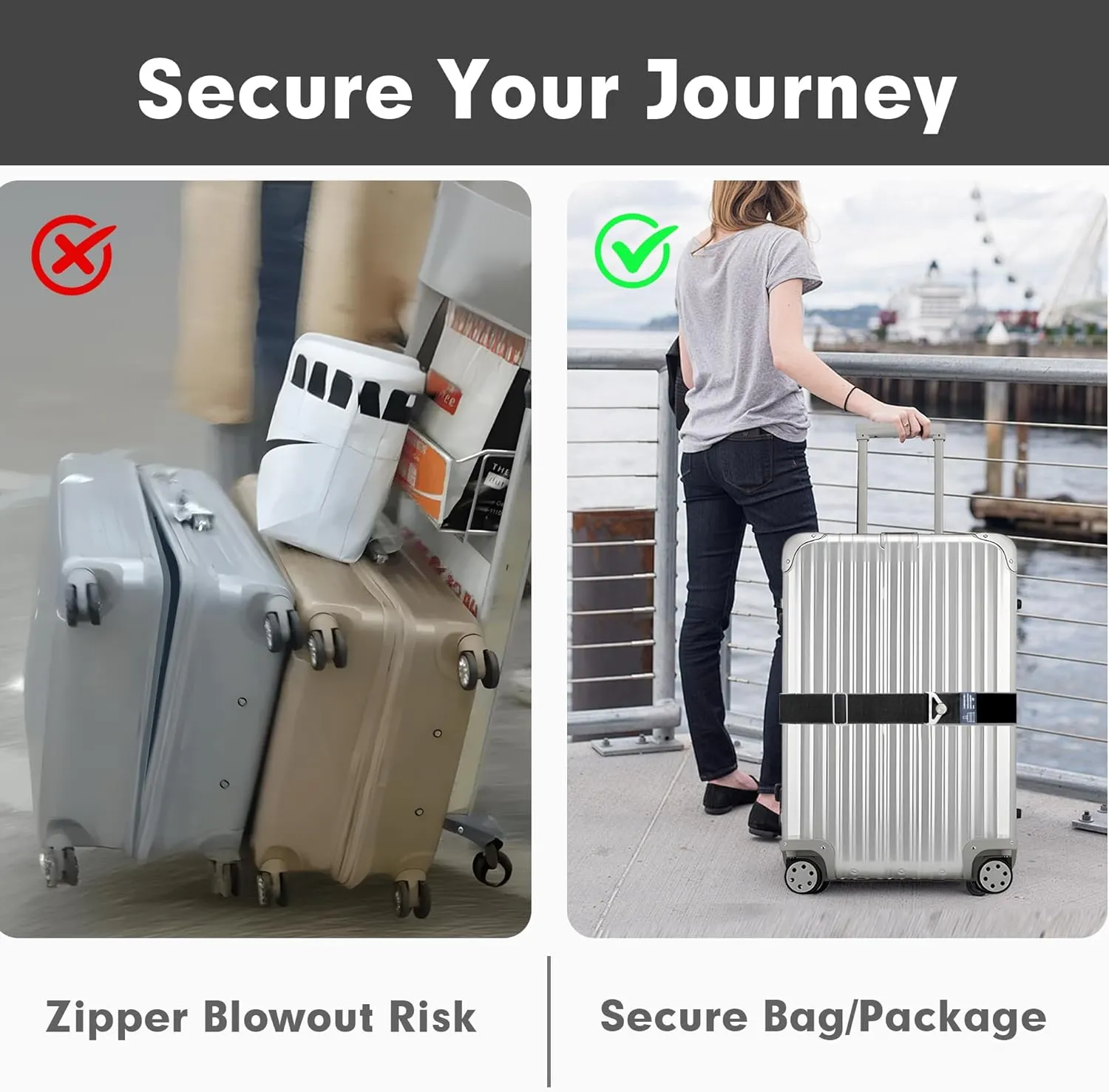 2-in-1 Travel Belt for Luggage Over Handle, Luggage Belt for Carry on Bag, Suitcase Straps, Add a Bag Bungees Luggage Straps Adjustable with Alloy Buckle,Hands-Free for Airport (Black, 1 Pack)