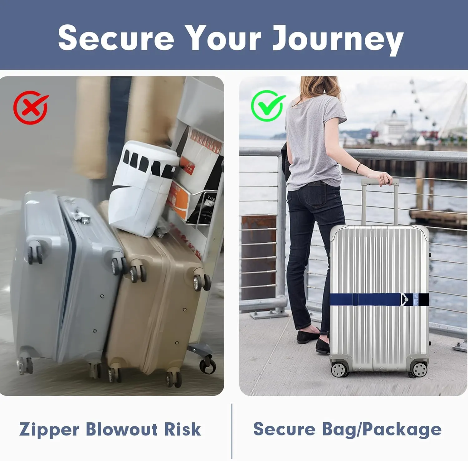 2-in-1 Travel Belt for Luggage Over Handle, Luggage Belt for Carry on Bag, Suitcase Straps, Add a Bag Bungees Luggage Straps Adjustable with Alloy Buckle,Hands-Free for Airport (Blue, 1 Pack)