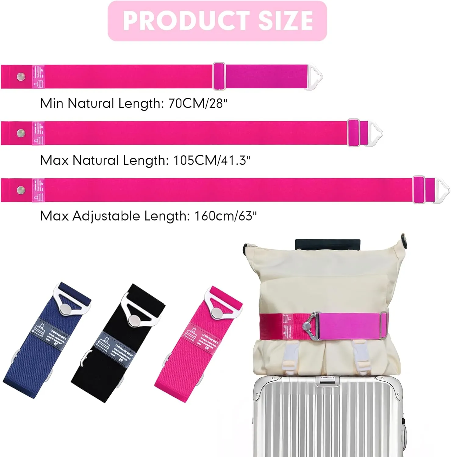 2-in-1 Travel Belt for Luggage Over Handle, Luggage Belt for Carry on Bag, Suitcase Straps, Add a Bag Bungees Luggage Straps Adjustable with Alloy Buckle,Hands-Free for Airport (Pink, 1 Pack)