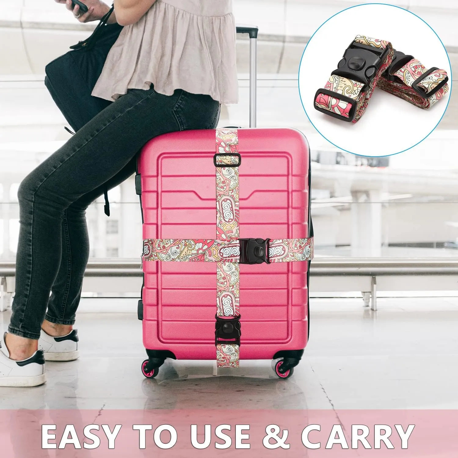 2 Pack 75'' x 2'' Adjustable Luggage Straps for Suitcase Belt Travel Bag Packing Straps Accessories (Pink Flower)