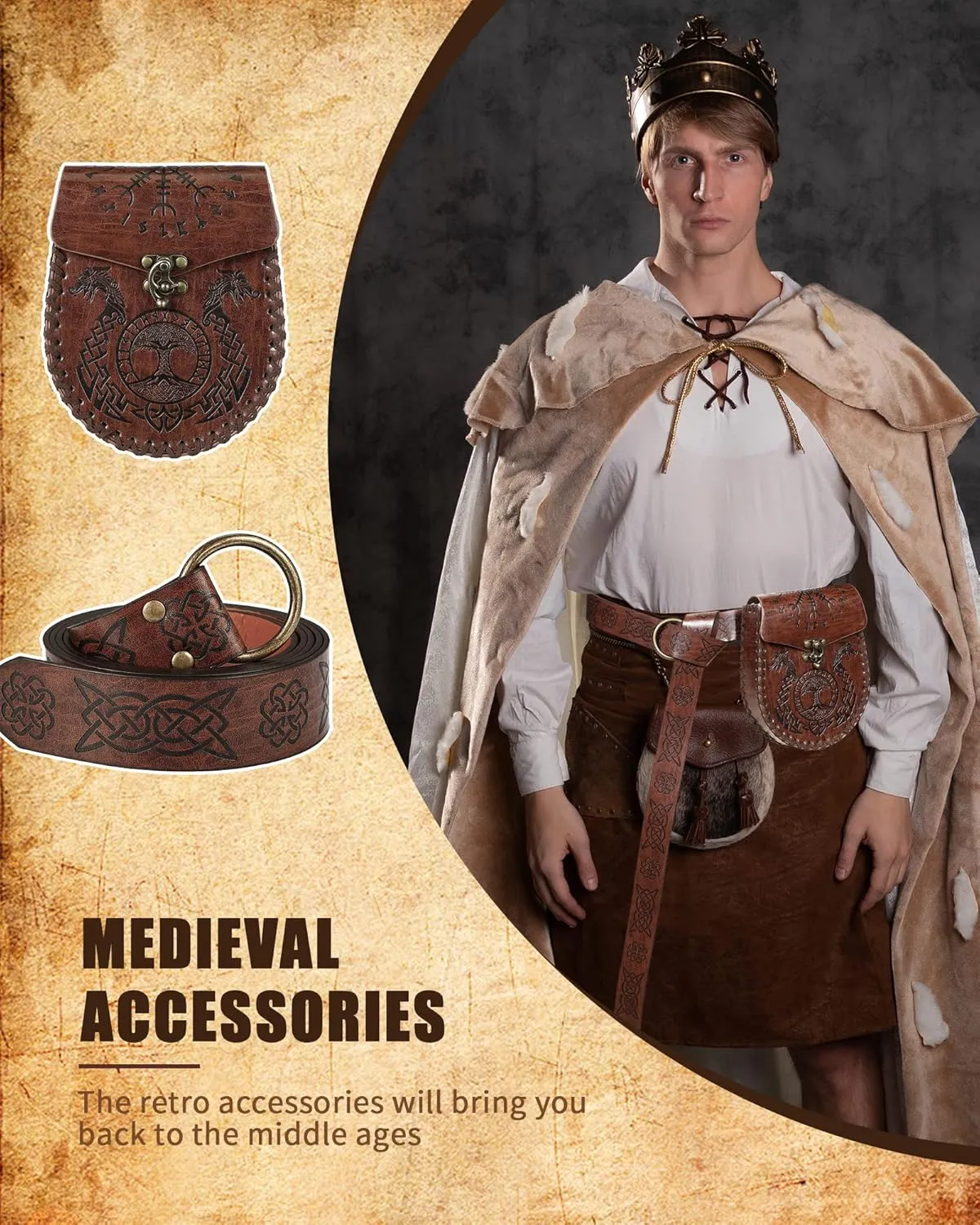 2 Pcs Medieval Viking Belt Leather PU Viking Belt Pouch for Retro Medieval Bag Side Pack Renaissance Accessories