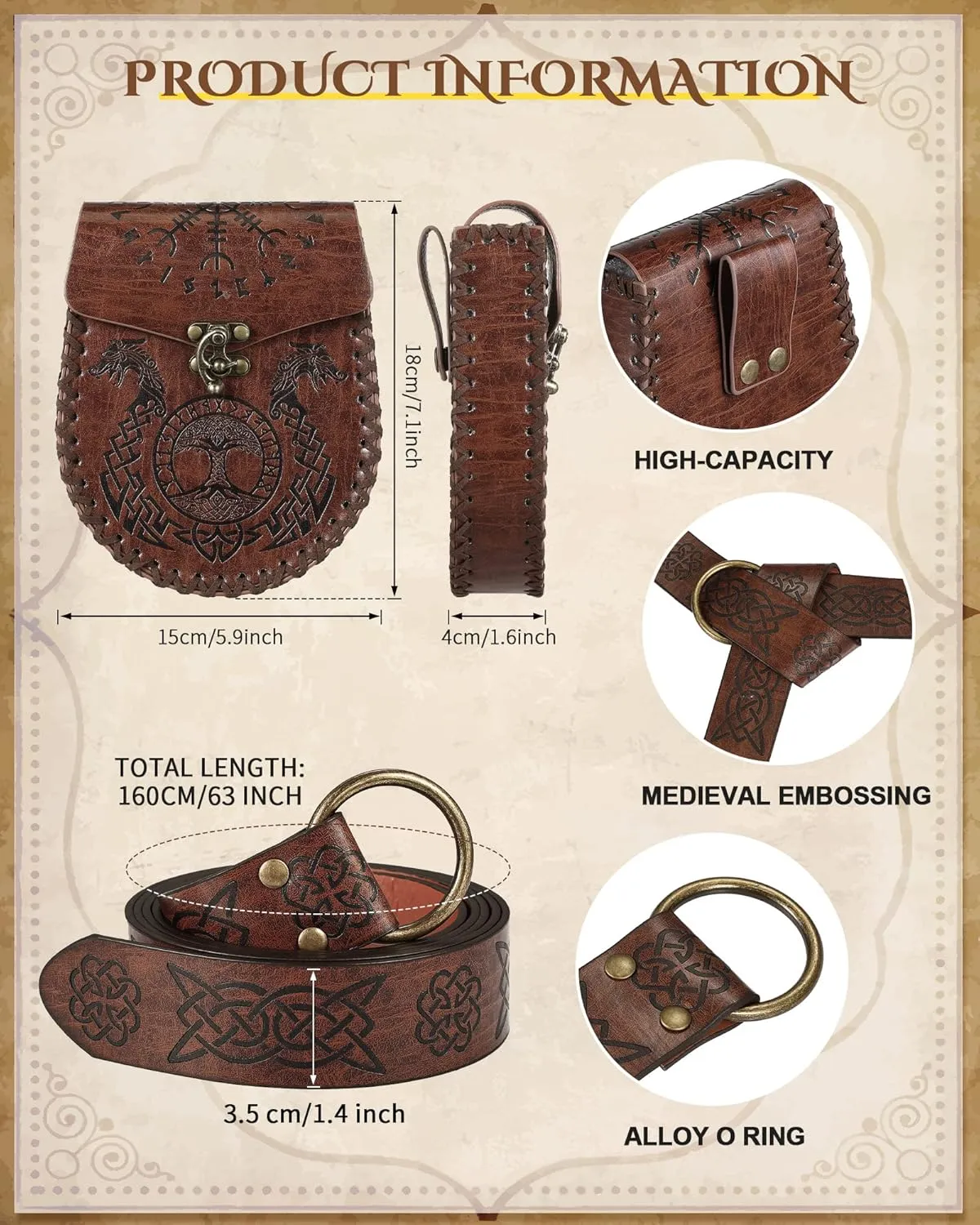 2 Pcs Medieval Viking Belt Leather PU Viking Belt Pouch for Retro Medieval Bag Side Pack Renaissance Accessories