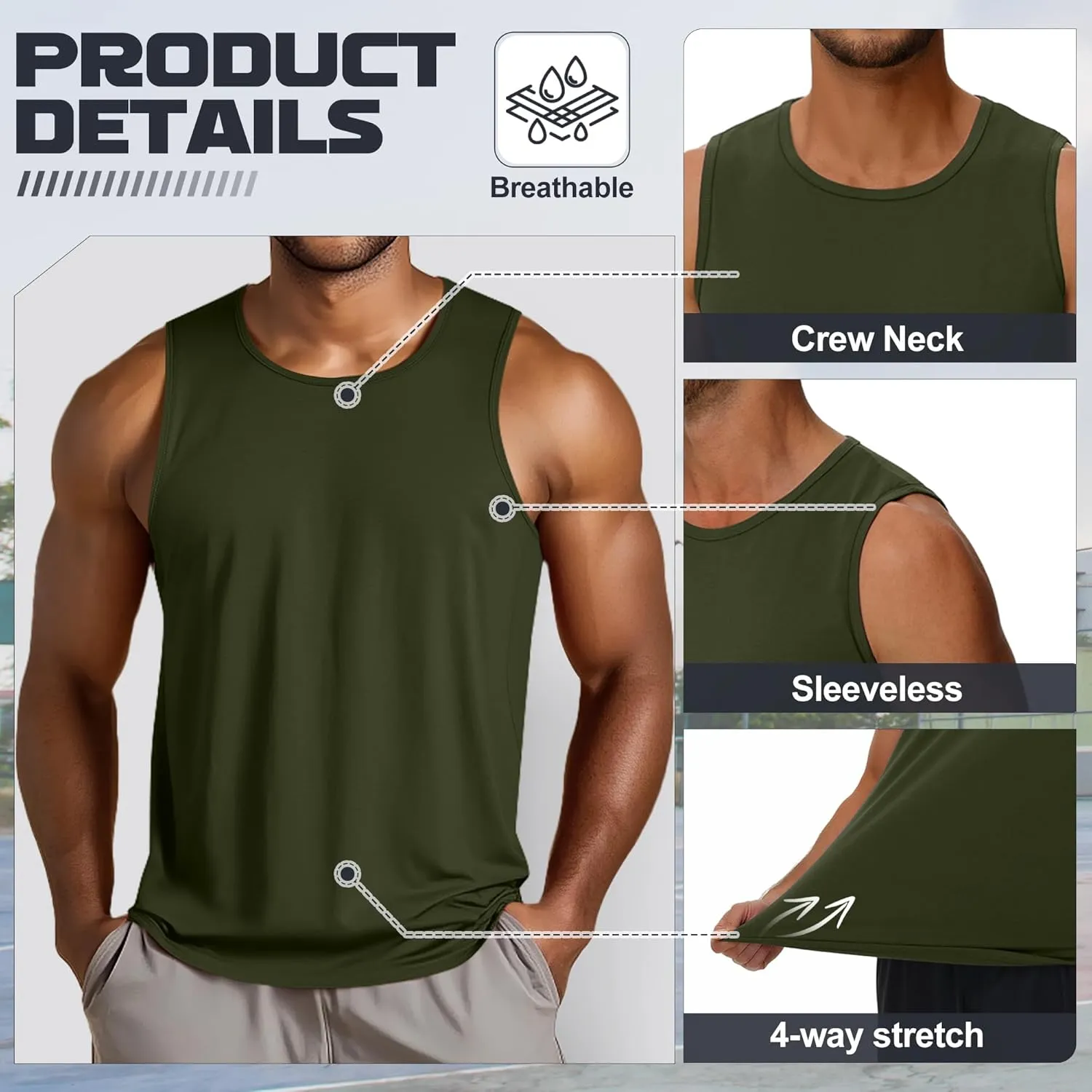 3 Pack Big and Tall Cotton Men's Tank Tops Plus Size Workout Sleeveless Tee Shirts Crew Neck Muscle Shirts L-5XL