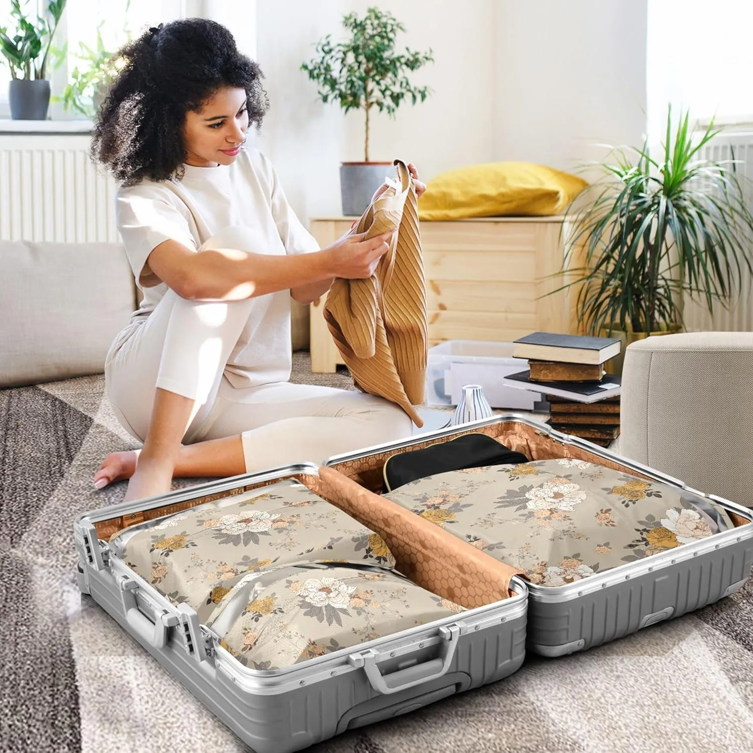 3 Set Packing Cubes Luggage Packing Organizers Bouquet Peonies Roses Travel Packing Storage Bags for Suitcase Travel Accessories