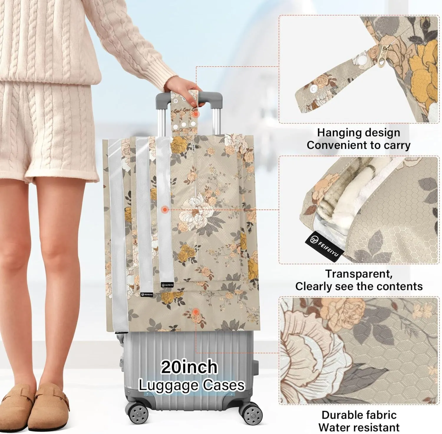 3 Set Packing Cubes Luggage Packing Organizers Bouquet Peonies Roses Travel Packing Storage Bags for Suitcase Travel Accessories