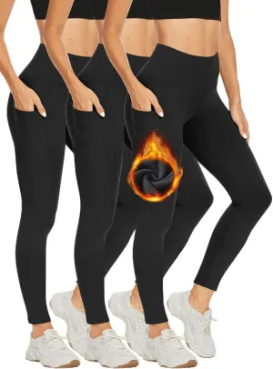 3PC Women's Fleece Lined Leggings Thermal Warm Winter Tights High Waisted Yoga Pants Cold Weather with Pockets