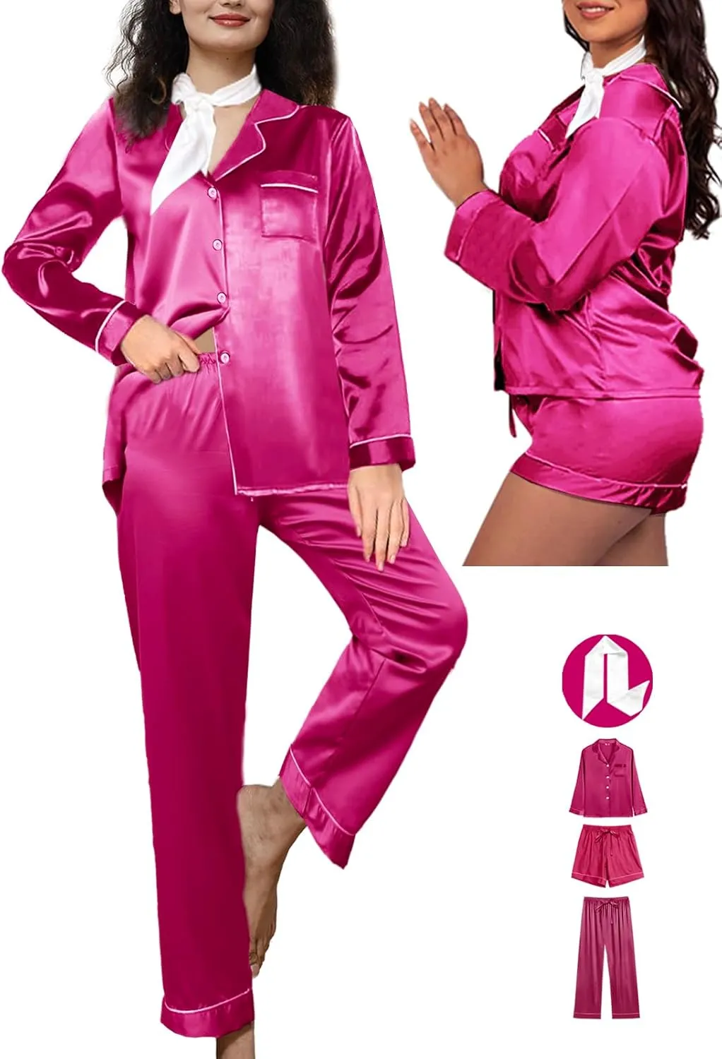 4Pcs Silk Satin Pajamas Sets for Women XS-XXL Silky Pajama Set Womens Pj Set Loungewear Long Pjs Soft Sleepwear