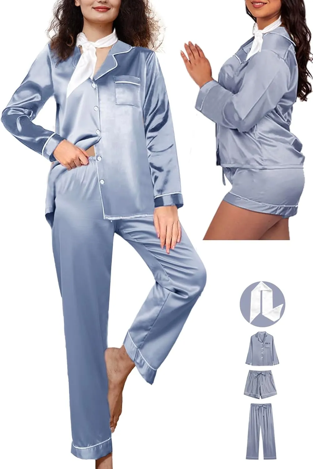 4Pcs Silk Satin Pajamas Sets for Women XS-XXL Silky Pajama Set Womens Pj Set Loungewear Long Pjs Soft Sleepwear