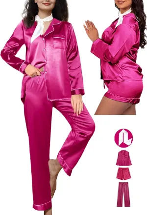 4Pcs Silk Satin Pajamas Sets for Women XS-XXL Silky Pajama Set Womens Pj Set Loungewear Long Pjs Soft Sleepwear