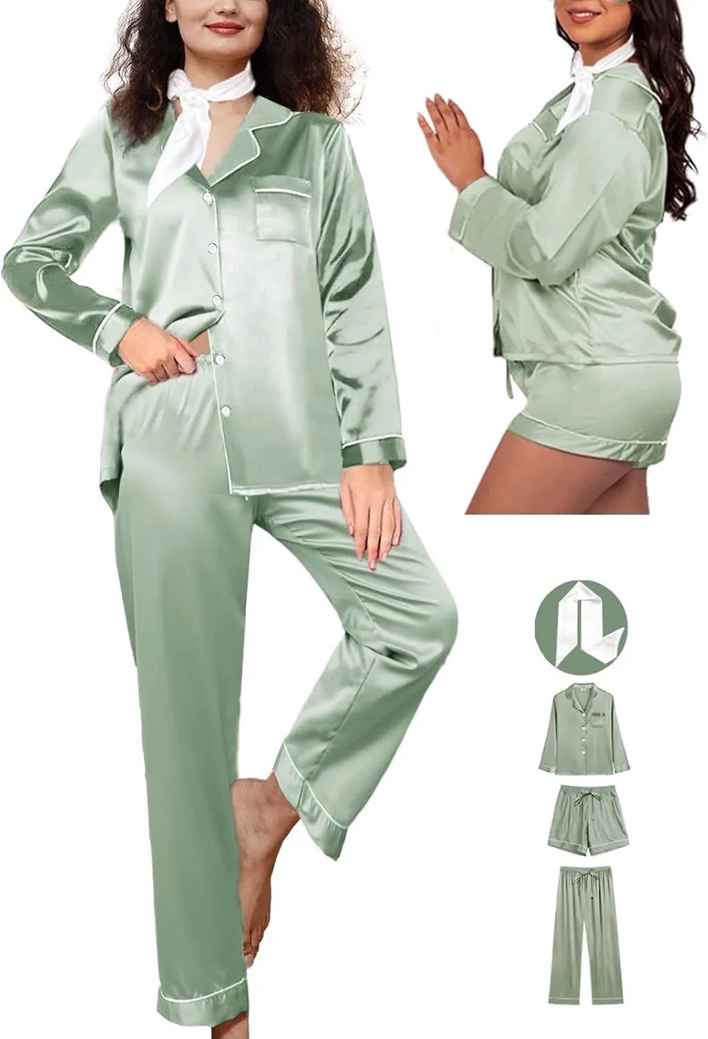 4Pcs Silk Satin Pajamas Sets for Women XS-XXL Silky Pajama Set Womens Pj Set Loungewear Long Pjs Soft Sleepwear