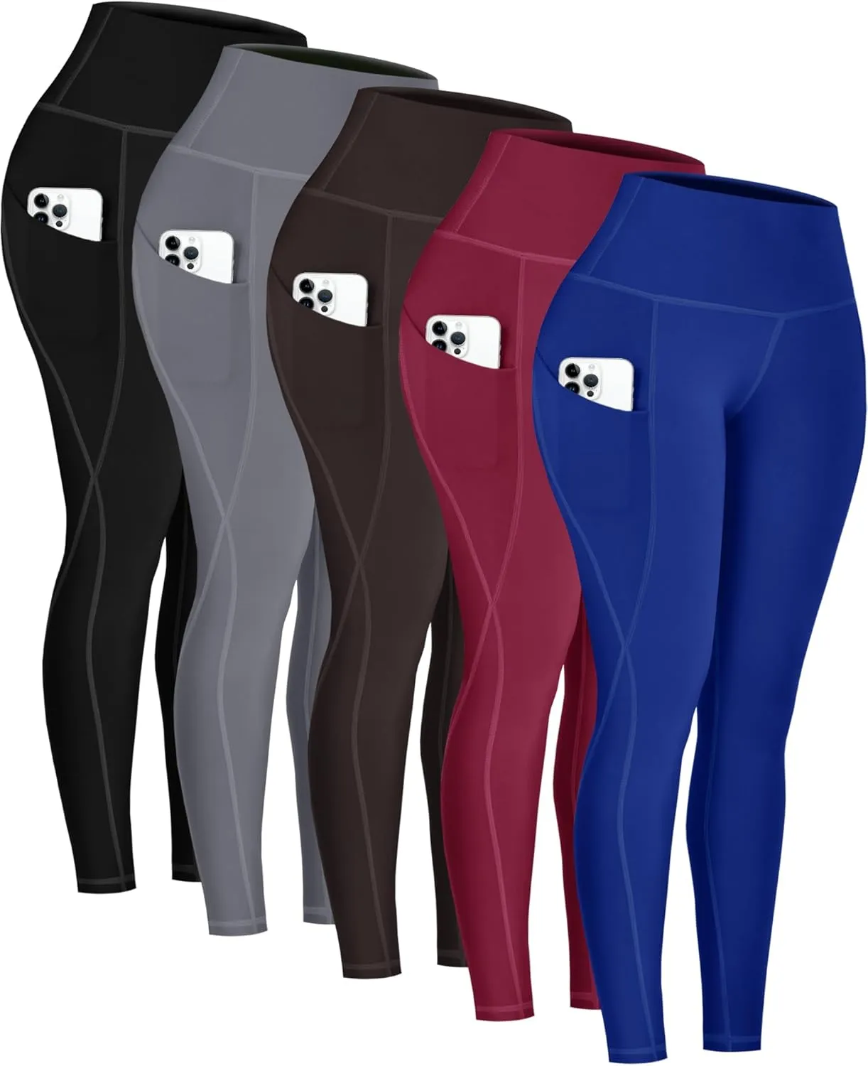 5 Pack Leggings with Pockets for Women - High Waisted Tummy Control Workout Gym Yoga Pants