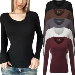 5 Pack Women's T-Shirt Long Sleeve V Neck Tops Cotton Bodycon Fall Winter Slim Fit Tunics Going Out Tees