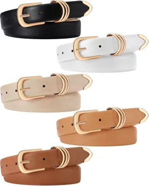 5 Pcs Women Leather Belts Bulk Ladies Leather Waist Belt with Gold Buckle Ladies Leather Belt for Jeans Pants