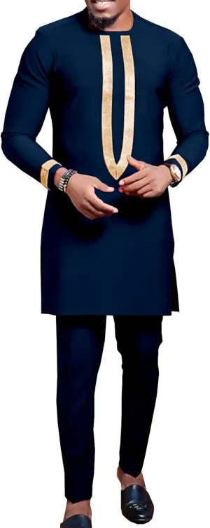 African Clothing for Men Full Sleeve Embroidery Shirts and Pants 2 Pieces Outfits Plus Size African Suit