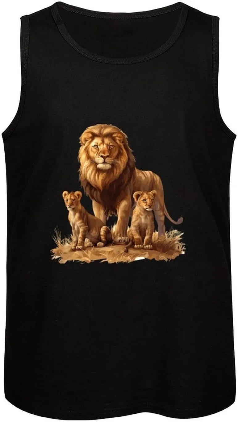 African Lions Family Mens Tank Top Cotton Undershirt Crewneck Sleeveless Shirt for Summer