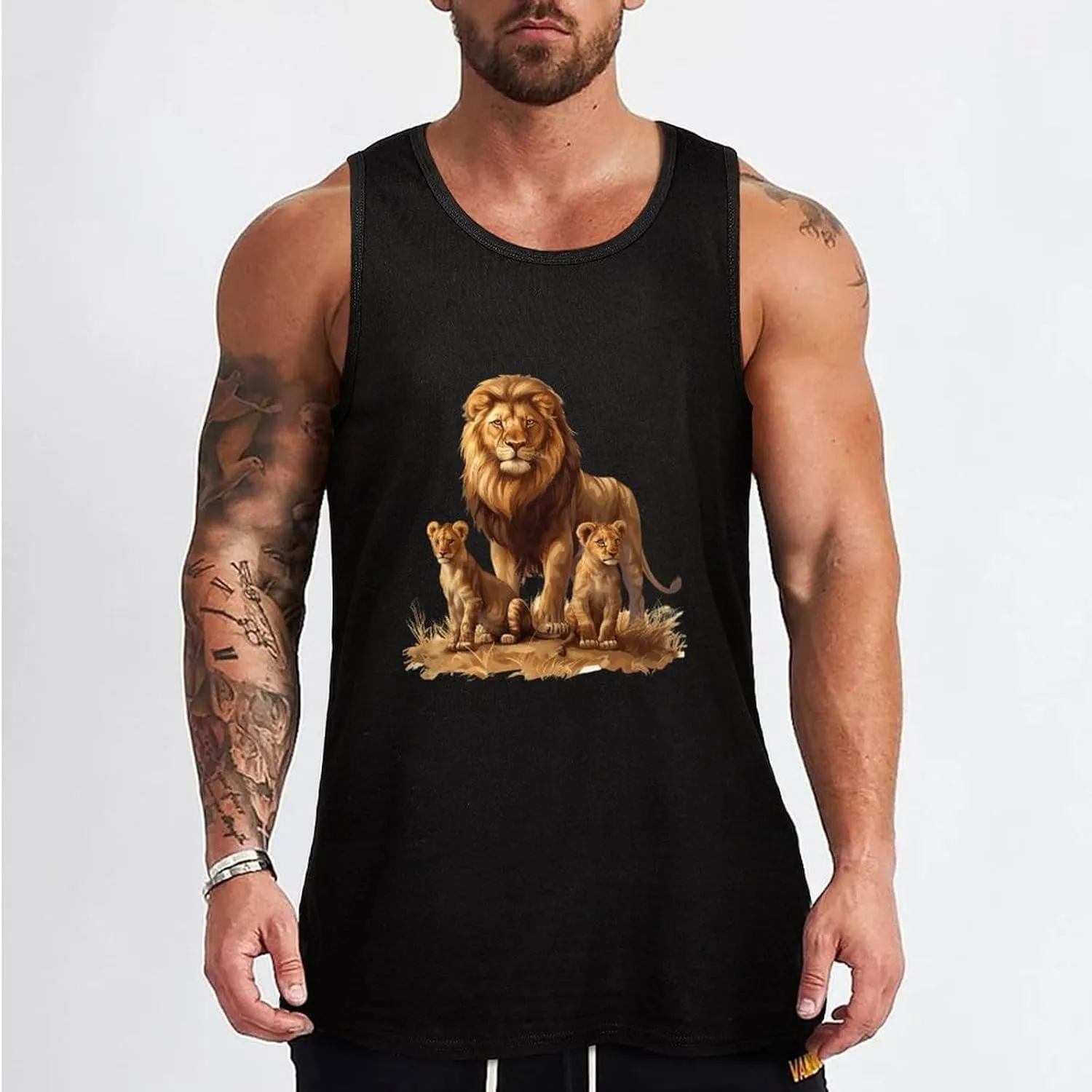 African Lions Family Mens Tank Top Cotton Undershirt Crewneck Sleeveless Shirt for Summer