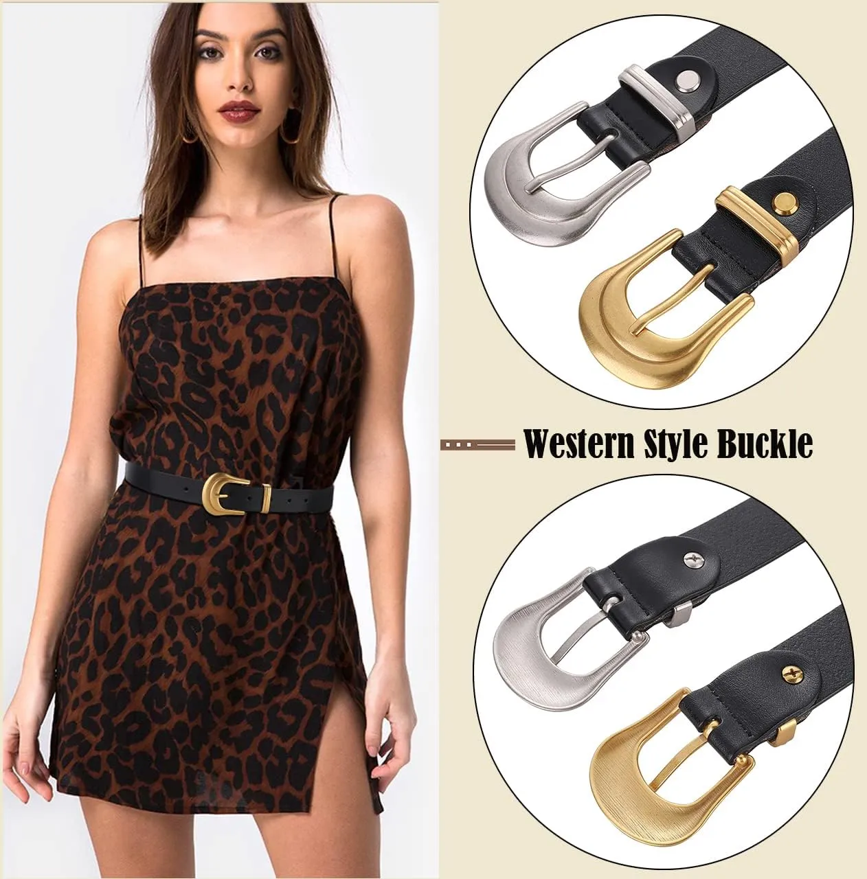 ALAIX Women's Belt Western Belts Silver Gold Buckle Black Leather Belt Pants Jeans Belts for Women