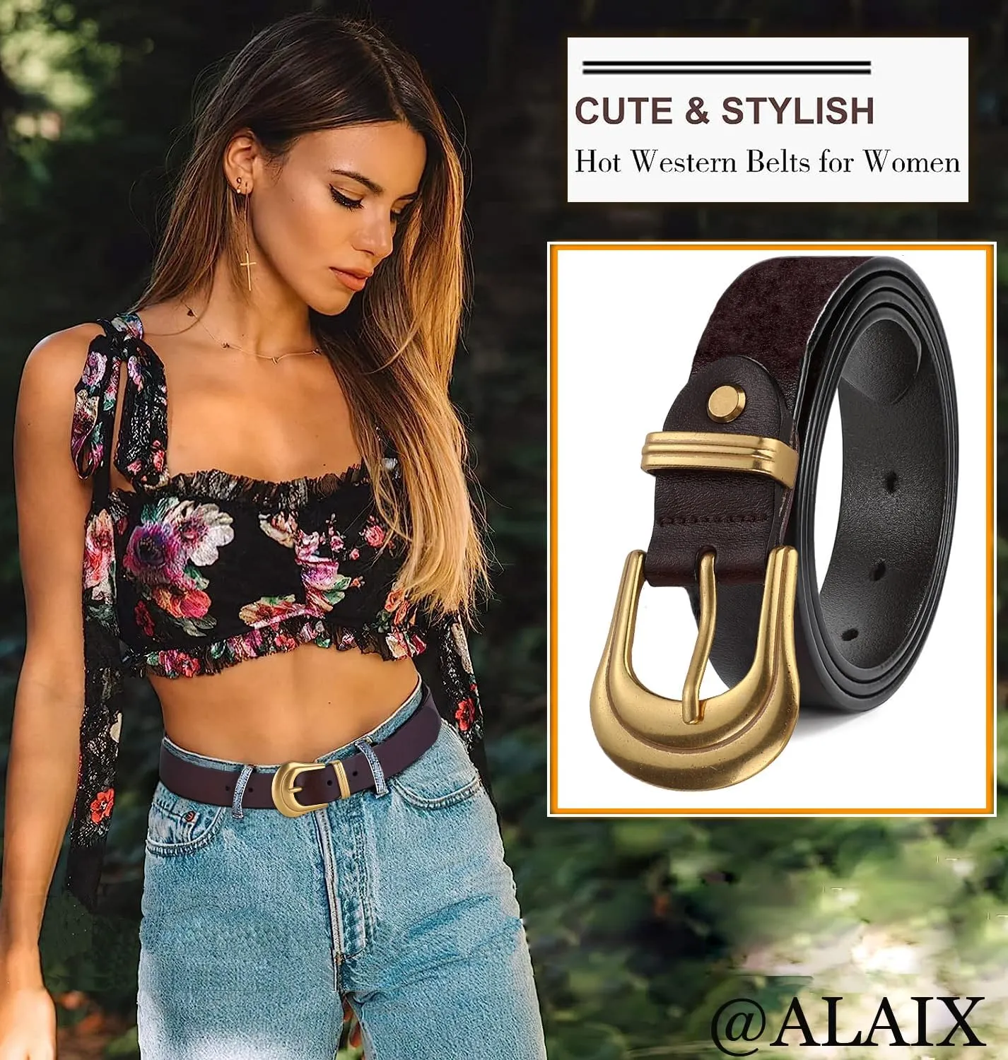 ALAIX Women's Belt Western Belts Silver Gold Buckle Black Leather Belt Pants Jeans Belts for Women