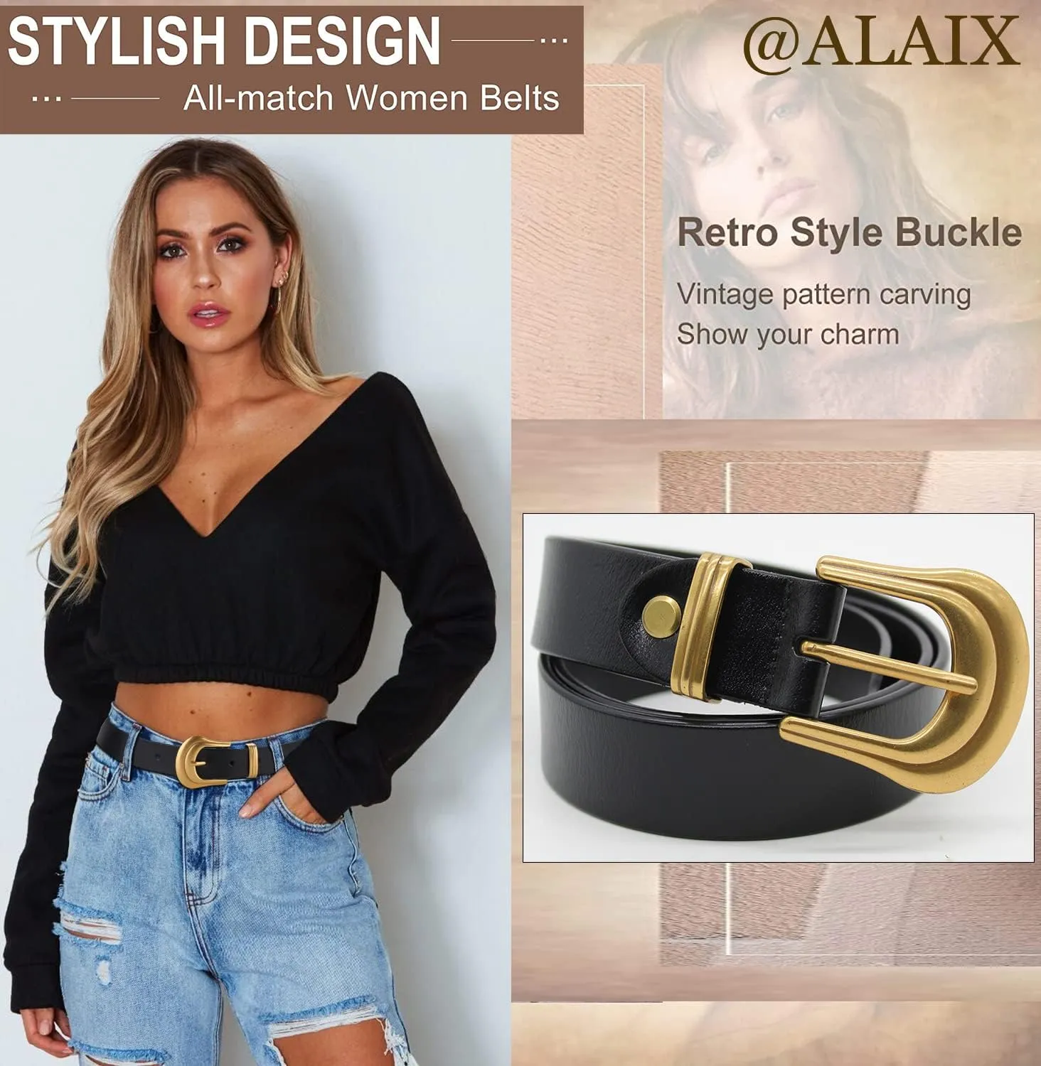 ALAIX Women's Belt Western Belts Silver Gold Buckle Black Leather Belt Pants Jeans Belts for Women