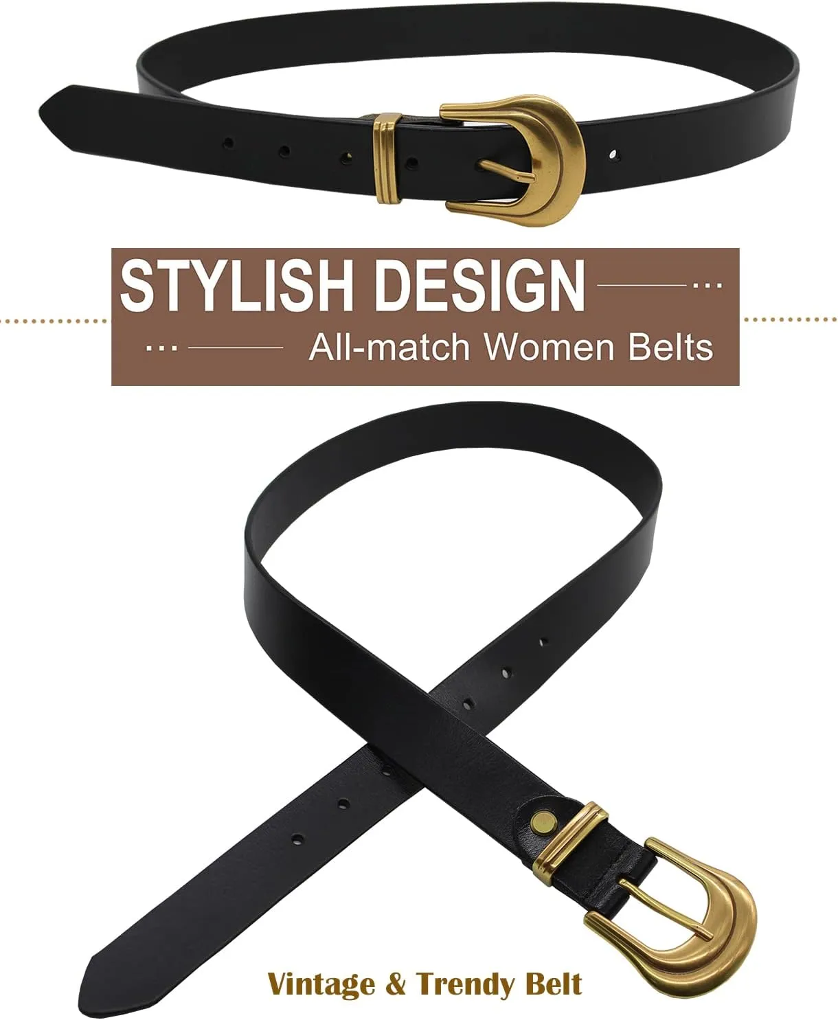 ALAIX Women's Belt Western Belts Silver Gold Buckle Black Leather Belt Pants Jeans Belts for Women