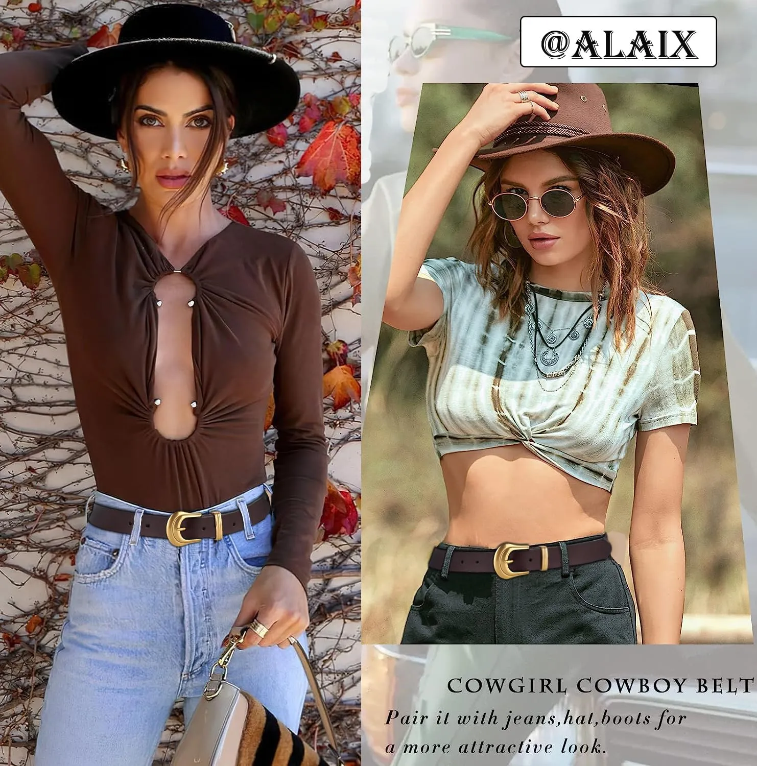 ALAIX Women's Belt Western Belts Silver Gold Buckle Black Leather Belt Pants Jeans Belts for Women