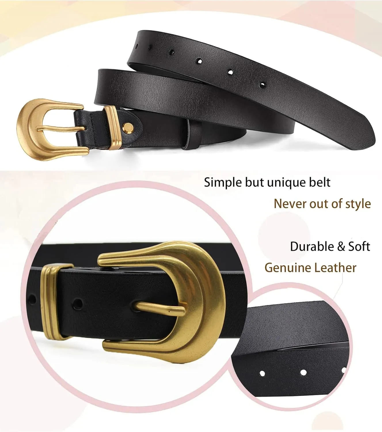 ALAIX Women's Belt Western Belts Silver Gold Buckle Black Leather Belt Pants Jeans Belts for Women
