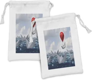 Ambesonne Abstract Fabric Pouch Set of 2, Dreamy Composition of Paper Boats on Wavy Ocean Balloon, Small Drawstring Bag for Toiletries Masks and Favors, 9" x 6", Vermilion Blue Grey