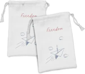 Ambesonne Adventure Fabric Pouch Set of 2, Flying Paper Plane in Hand Drawn Sketch Cartoon Style Freedom Text Clouds, Small Drawstring Bag for Toiletries Masks and Favors, 9" x 6", Bluegrey Red White