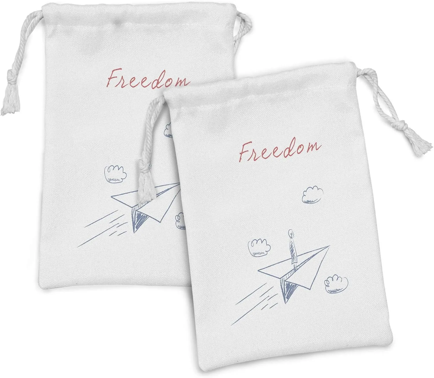 Ambesonne Adventure Fabric Pouch Set of 2, Flying Paper Plane in Hand Drawn Sketch Cartoon Style Freedom Text Clouds, Small Drawstring Bag for Toiletries Masks and Favors, 9" x 6", Bluegrey Red White