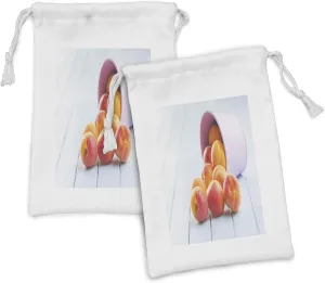 Ambesonne Apricot Fabric Pouch Set of 2, Fruit Freshness Summer Tasty Food in Bucket on Wooden Table Photo, Small Drawstring Bag for Toiletries Masks and Favors, 9" x 6", Pale Blue Multicolor