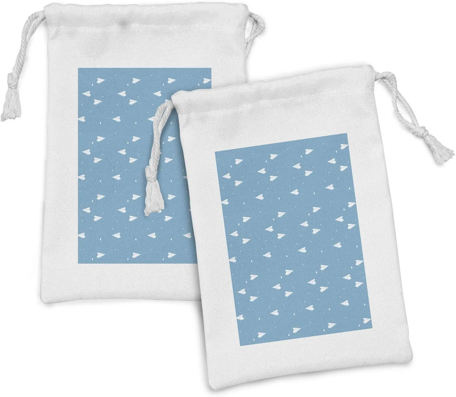 Ambesonne Cartoon Airplane Fabric Pouch Set of 2, Fun Play Theme Paper Airplane Routes as Heart Shapes and Stars, Small Drawstring Bag for Toiletries Masks and Favors, 9" x 6", Blue and White