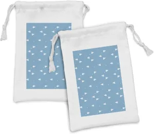 Ambesonne Cartoon Airplane Fabric Pouch Set of 2, Fun Play Theme Paper Airplane Routes as Heart Shapes and Stars, Small Drawstring Bag for Toiletries Masks and Favors, 9" x 6", Blue and White