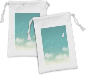 Ambesonne Cloud Fabric Pouch Set of 2, Paper Plane with a Heart Flight Path Floating over the Clouds Romantic, Small Drawstring Bag for Toiletries Masks and Favors, 9" x 6", Sea Green Mint Green