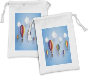 Ambesonne Colorful Fabric Pouch Set of 2, Paper Art Style Depiction Hot Air Balloons and Clouds Illustration, Small Drawstring Bag for Toiletries Masks and Favors, 9" x 6", Pale Sky Blue Multicolor