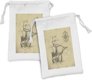 Ambesonne Compass Fabric Pouch Set of 2, Hand Drawn Old Paper Style Background Ship Flags Journey Navigation, Small Drawstring Bag for Toiletries Masks and Favors, 9" x 6", Brown Sand Brown