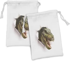 Ambesonne Dinosaur Fabric Pouch Set of 2, Dangerous Dinosaur Tears up the Paper Wall Image Scary Break Scenery, Small Drawstring Bag for Toiletries Masks and Favors, 9" x 6", Green Army Green White