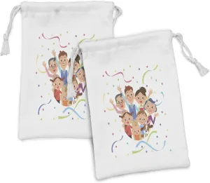 Ambesonne Family Fabric Pouch Set of 2, Third Generation Friend Family and Paper Streamer Celebration Theme, Small Drawstring Bag for Toiletries Masks and Favors, 9" x 6", Multicolor