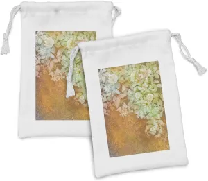 Ambesonne Grunge Fabric Pouch Set of 2, Flowers and Leaves Vintage Painting on Blur Paper Background Floral Art Print, Small Drawstring Bag for Toiletries Masks and Favors, 9" x 6", Green Mustard