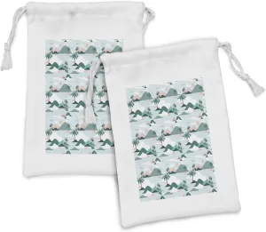 Ambesonne Hawaii Fabric Pouch Set of 2, Pastel Tones Palm Trees and Beach Hills Paper Cut Style, Small Drawstring Bag for Toiletries Masks and Favors, 9" x 6", Teal Blush