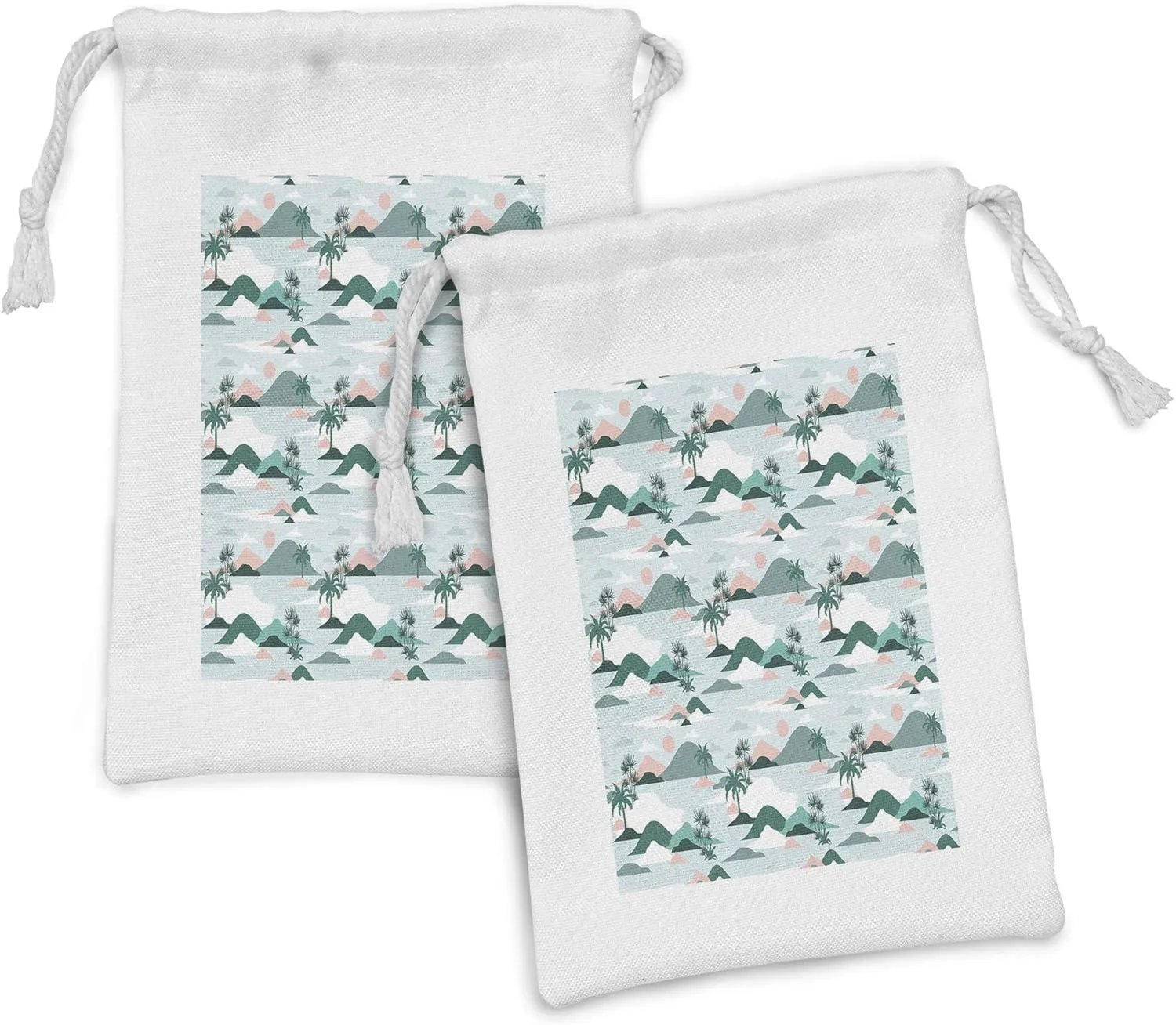 Ambesonne Hawaii Fabric Pouch Set of 2, Pastel Tones Palm Trees and Beach Hills Paper Cut Style, Small Drawstring Bag for Toiletries Masks and Favors, 9" x 6", Teal Blush
