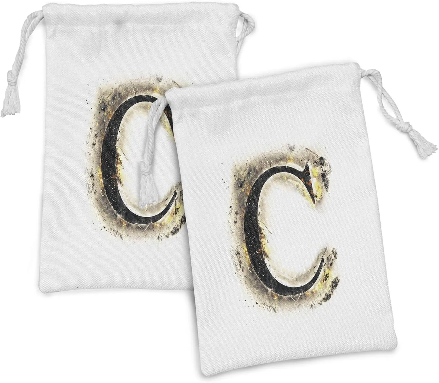 Ambesonne Letter C Fabric Pouch Set of 2, Letter C Backdrop Combusted Alphabet Paper Effect Writing, Small Drawstring Bag for Toiletries Masks and Favors, 9" x 6", Tan Black Yellow