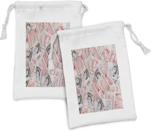 Ambesonne Money Fabric Pouch Set of 2, Bullseye Notes with a Portrait of Queen of England Paper Bills of Britain, Small Drawstring Bag for Toiletries Masks and Favors, 9" x 6", Scarlet Taupe