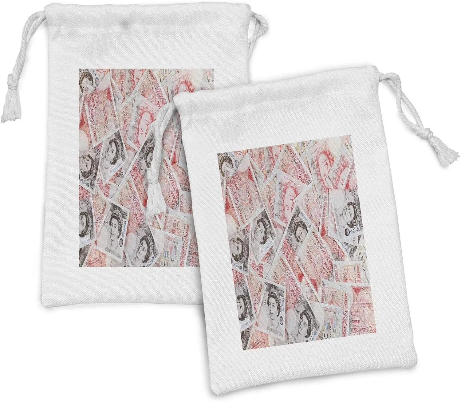 Ambesonne Money Fabric Pouch Set of 2, Bullseye Notes with a Portrait of Queen of England Paper Bills of Britain, Small Drawstring Bag for Toiletries Masks and Favors, 9" x 6", Scarlet Taupe