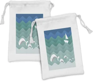 Ambesonne Nautical Fabric Pouch Set of 2, Theme Paper Boat Sea Happy Dolphins Underwater Animals Ocean, Small Drawstring Bag for Toiletries Masks and Favors, 9" x 6", Blue Sea Green White