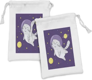 Ambesonne Outer Space Fabric Pouch Set of 2, Scottish Fold Cat Astronaut in with Stars and Planets in the Sky, Small Drawstring Bag for Toiletries Masks and Favors, 9" x 6", Quartz Mustard