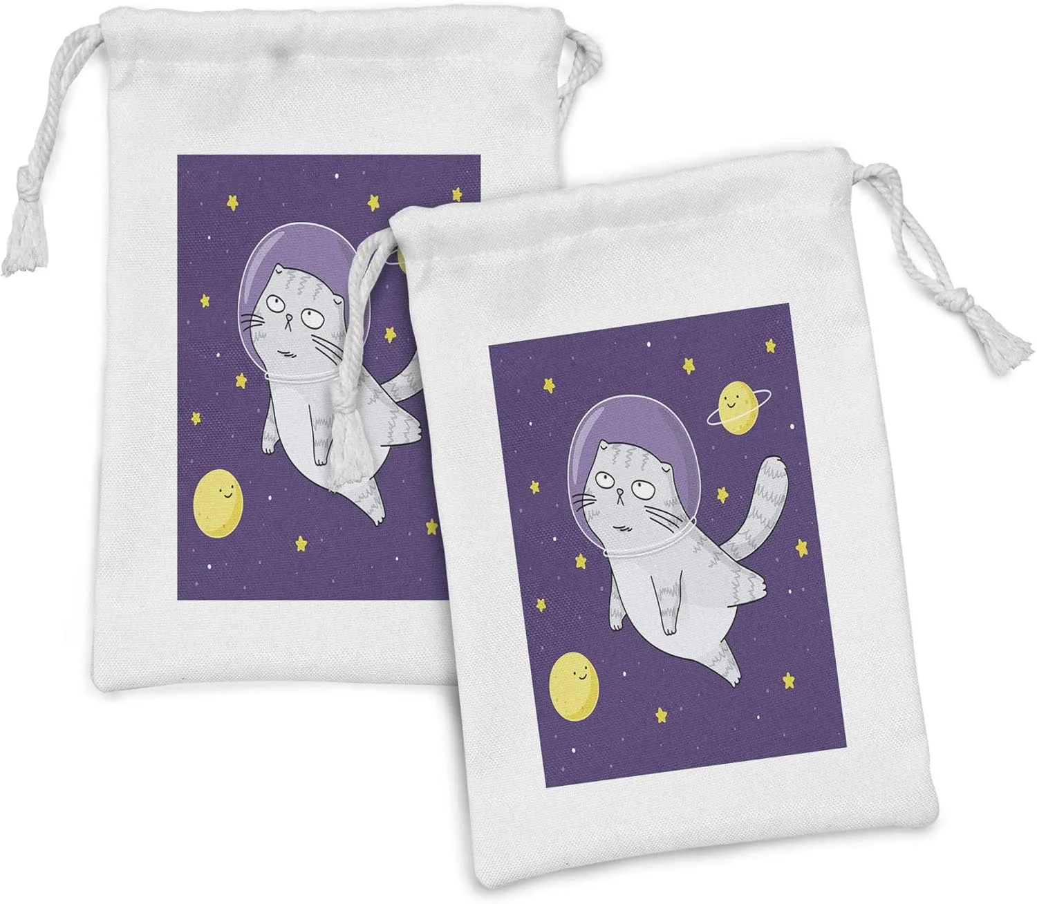 Ambesonne Outer Space Fabric Pouch Set of 2, Scottish Fold Cat Astronaut in with Stars and Planets in the Sky, Small Drawstring Bag for Toiletries Masks and Favors, 9" x 6", Quartz Mustard
