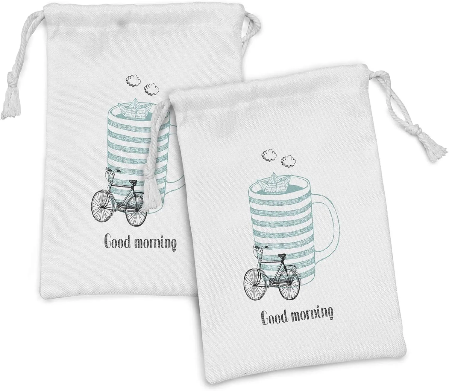 Ambesonne Saying Fabric Pouch Set of 2, Morning Theme with Little Paper Ship Sailing Inside Cup of Coffee Joy, Small Drawstring Bag for Toiletries Masks and Favors, 9" x 6", Seafoam and Black