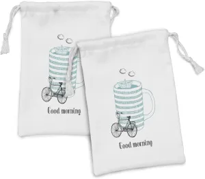 Ambesonne Saying Fabric Pouch Set of 2, Morning Theme with Little Paper Ship Sailing Inside Cup of Coffee Joy, Small Drawstring Bag for Toiletries Masks and Favors, 9" x 6", Seafoam and Black