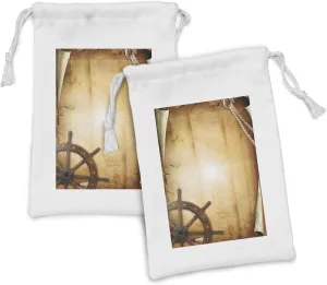 Ambesonne Ships Wheel Fabric Pouch Set of 2, Illustration of Steering Wheel on Old Antique Paper Historic Traveling Maritime Art, Small Drawstring Bag for Toiletries Masks and Favors, 9" x 6", Brown