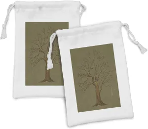 Ambesonne Tree Fabric Pouch Set of 2, Illustration of a Big Tree on Antique Old Paper Vintage Style Artwork Design Print, Small Drawstring Bag for Toiletries Masks and Favors, 9" x 6", Olive Green
